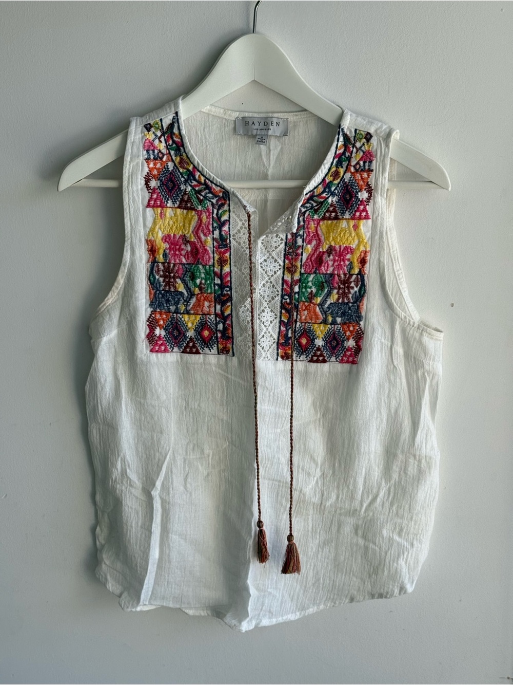 Hayden White Sleeveless Embroidered Tassel Camisole